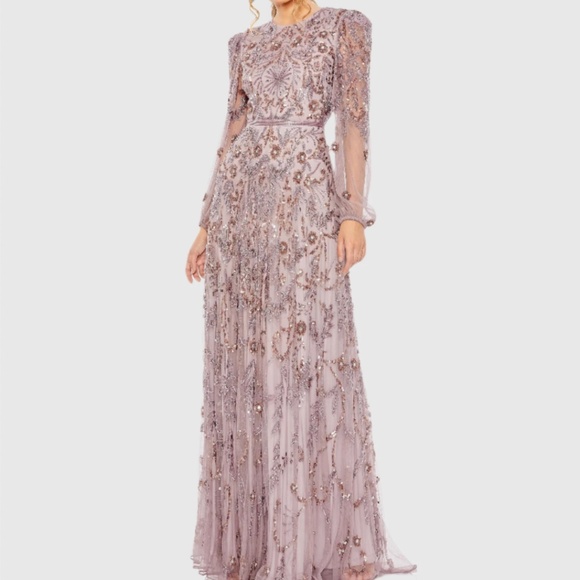 MAC DUGGAL 93930 PUFF SLEEVE EMBELLISHED A-LINE HEATHER (LILAC) GOWN sz 12 - Picture 3 of 5